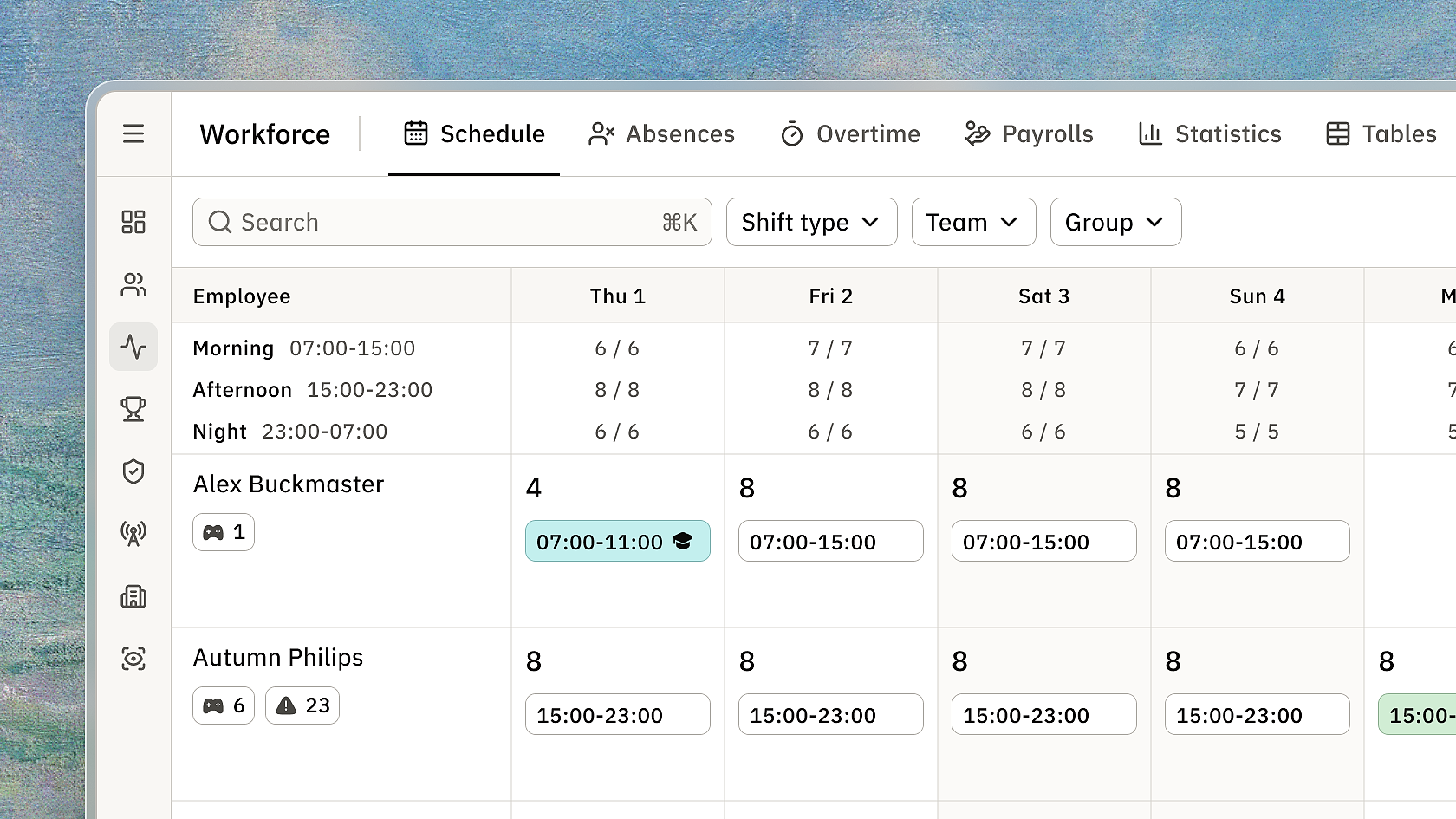 Schedule grid with shifts, coverage and people, shown over a painted landscape.
