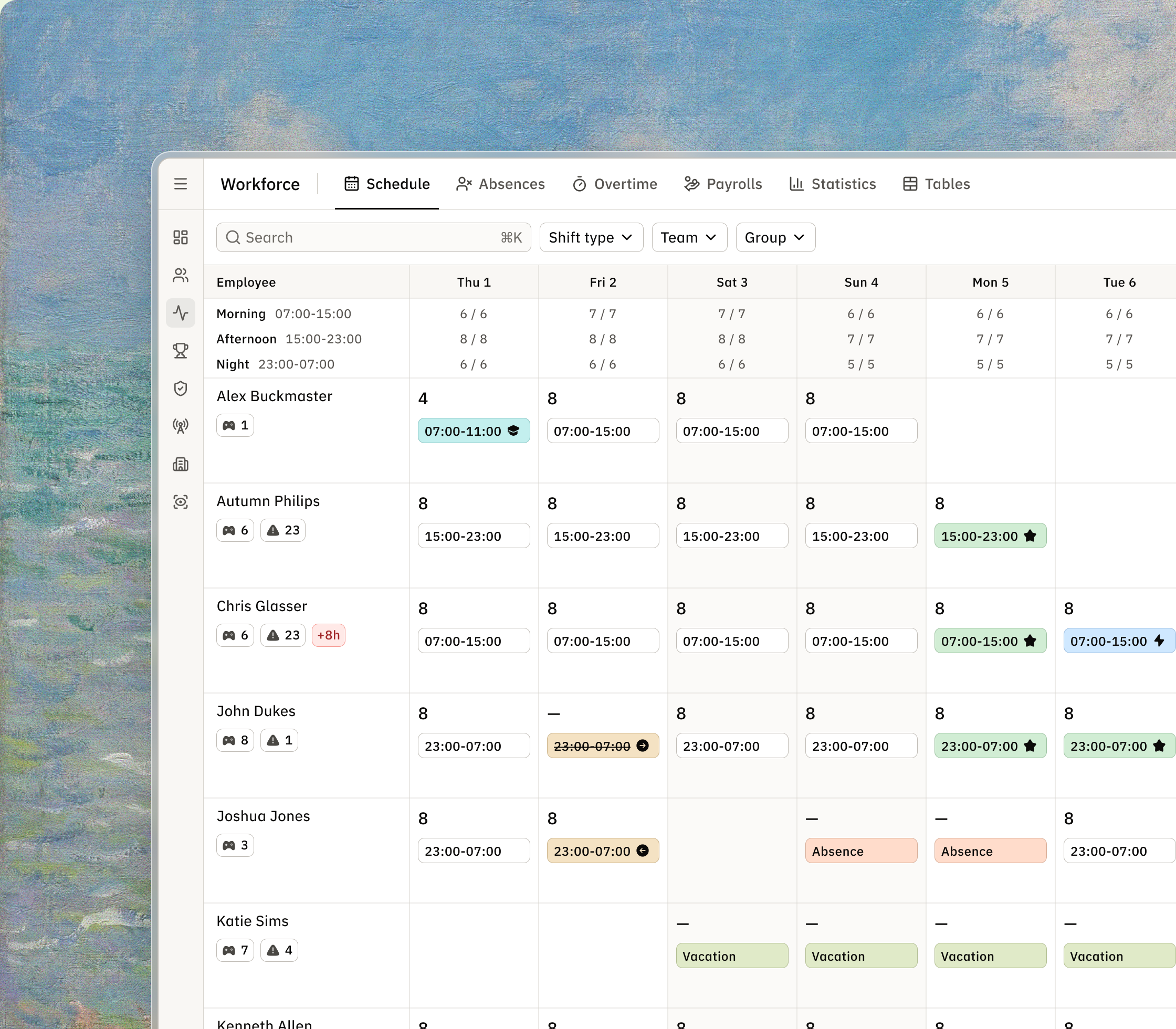 Schedule grid with shifts, coverage and people, shown over a painted landscape.