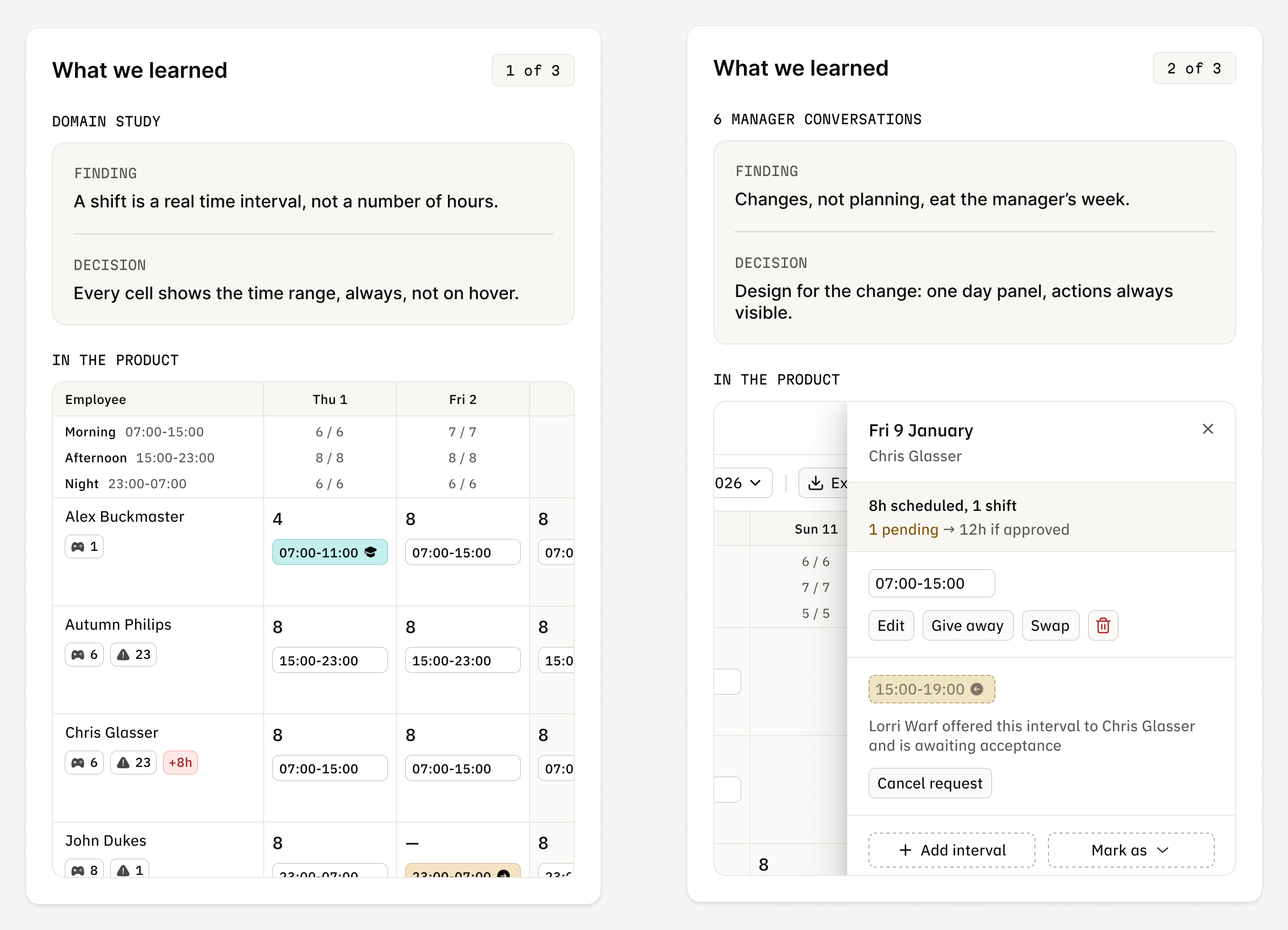 Two research cards: shifts are time ranges and changes take most of a manager’s week.