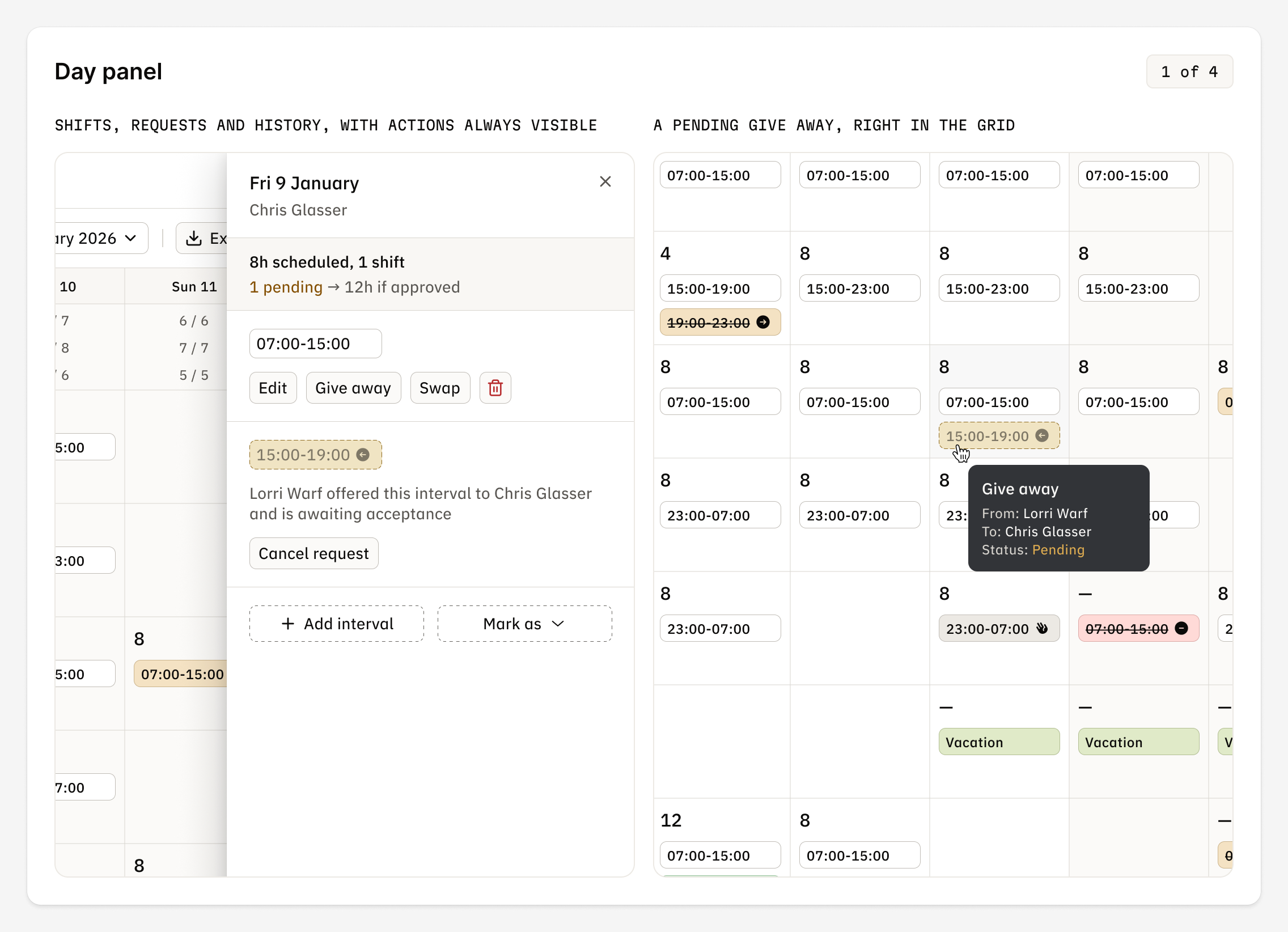 Day panel listing shifts, requests and history, with edit, give away and swap buttons.