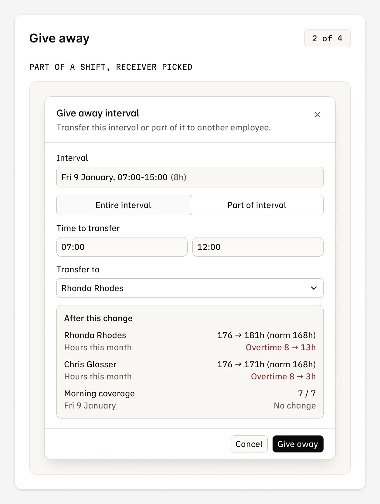 Give-away dialog with part of a shift, a chosen receiver and the result before confirming.