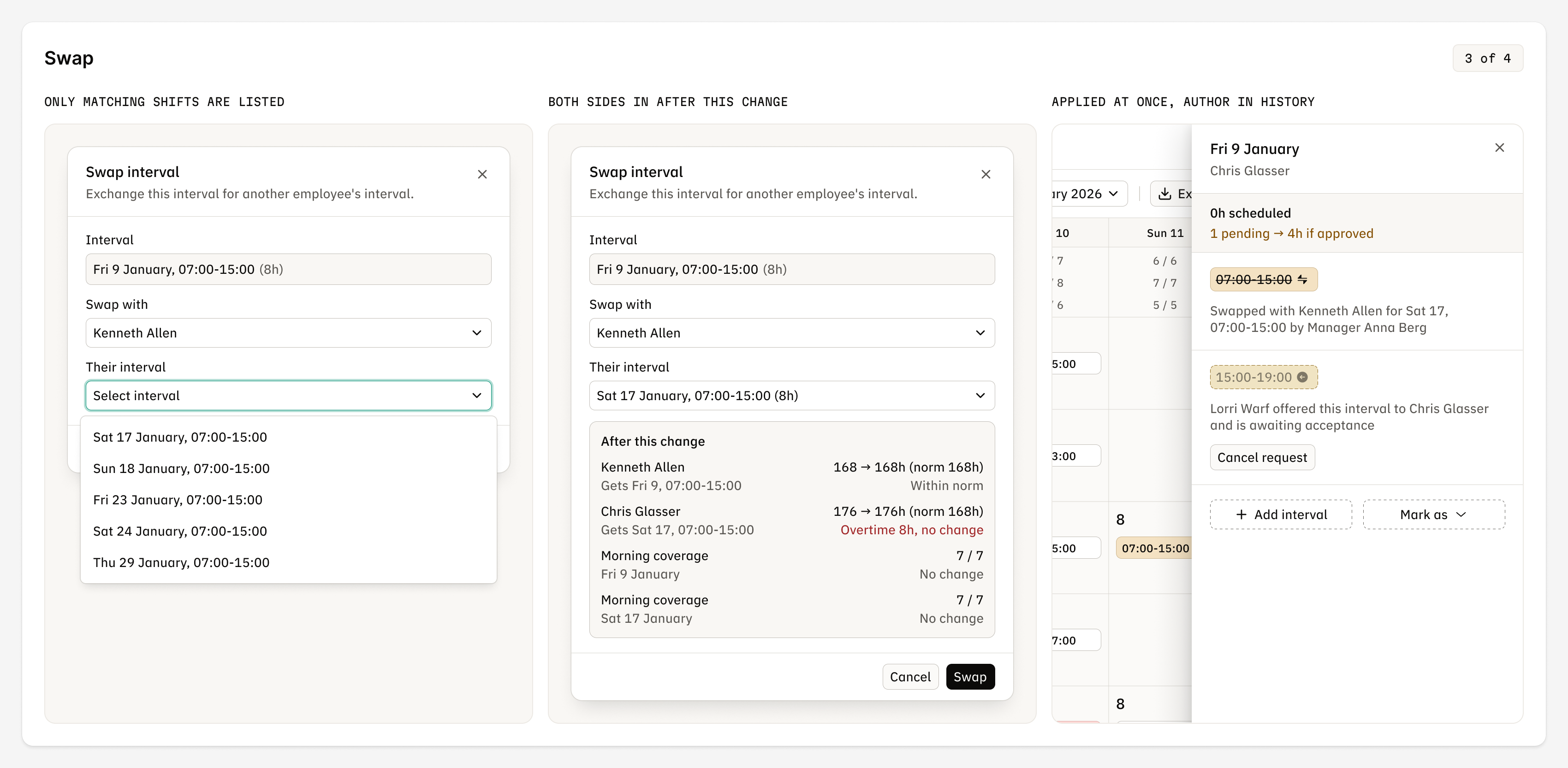 Three swap screens: matching shifts, both sides of the change and the author in history.