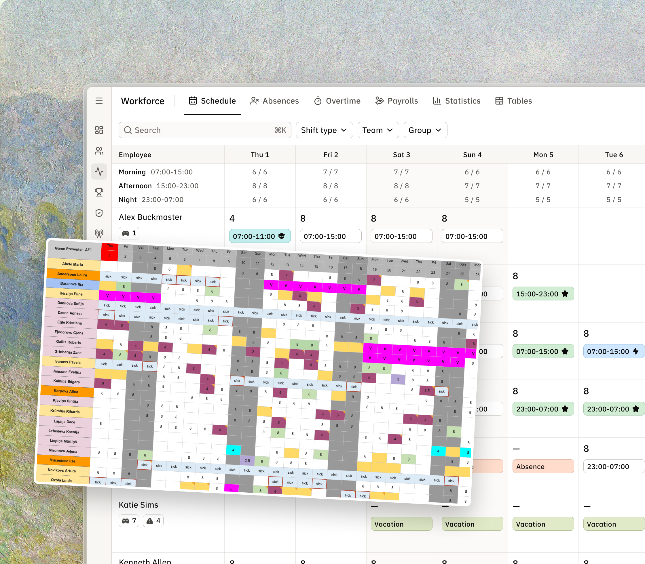 The old colour-coded spreadsheet laid over the new Schedule grid.